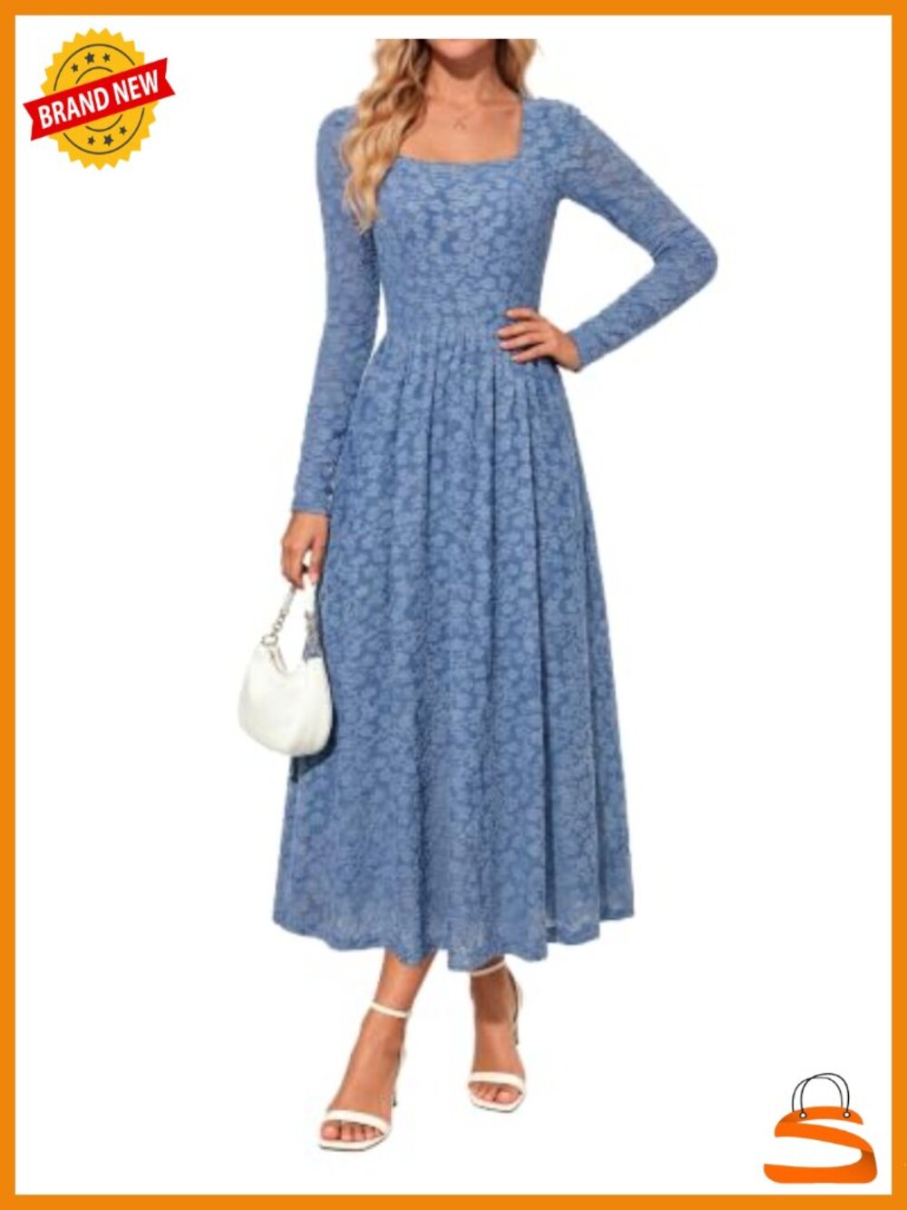 Long Sleeve Midi Dress with Pockets Square Neck A-Line Wedding Guest